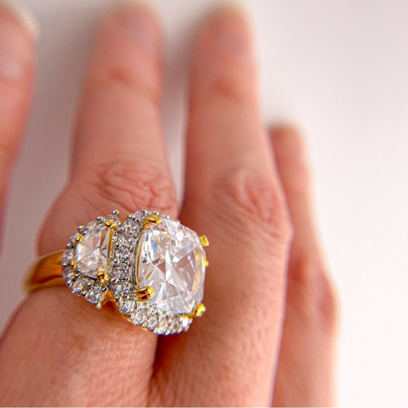 Cushion cut cubic zirconia gold toned ring with round and half circle accents - Picture 12 of 14